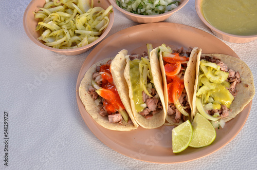 Arrachera tacos, mexican food with a white background