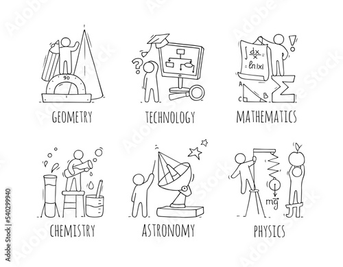 School subjects icons with hand drawn people
