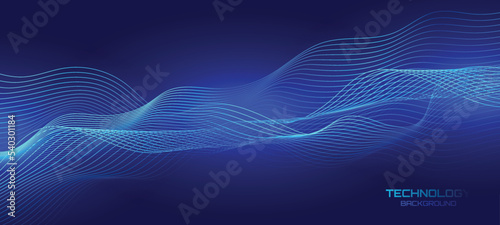 Wave music line of flowing particles abstract vector on dark blue background, smooth curvy shape circle dots fluid array. 3d shape dots blended mesh, future technology relaxing wallpaper.