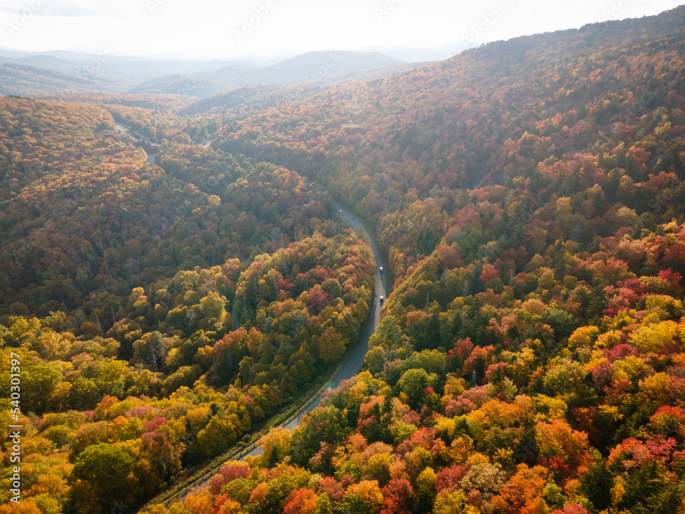 Drone View of a Mountain Road in Western North Carolina in the Fall