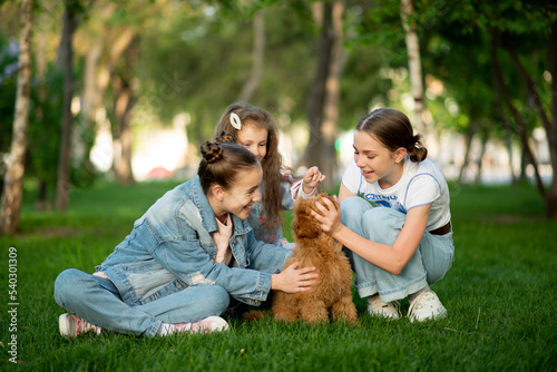 Three cute girls on a walk with a dog toy poodle.