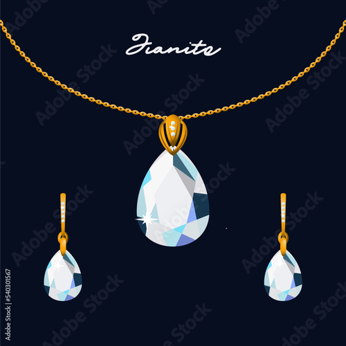 Illustration set of gold jewelry pendant on a chain and earrings with fianit