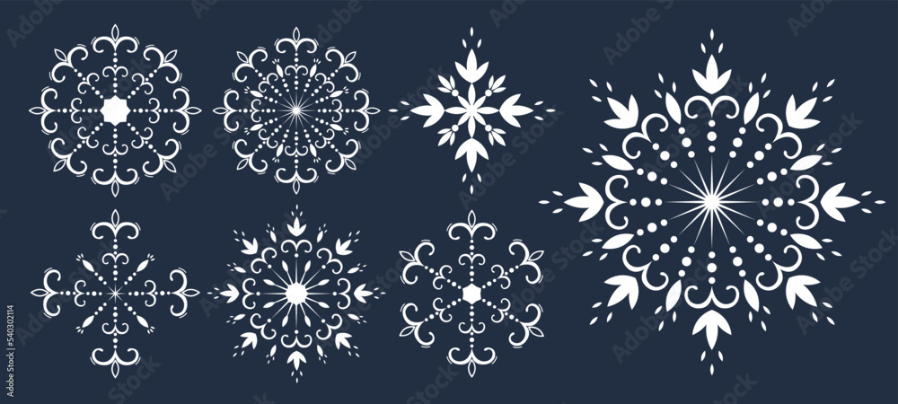 Christmas hand drawn set of snowflakes. Decorative openwork snowflake with curls. Winter design collection. Happy New Year vector illustration isolated on a blue background Christmas hand drawn set of snowflakes. Decorative openwork snowflake with curls. Winter design collection. Happy New Year vector illustration isolated on a blue background