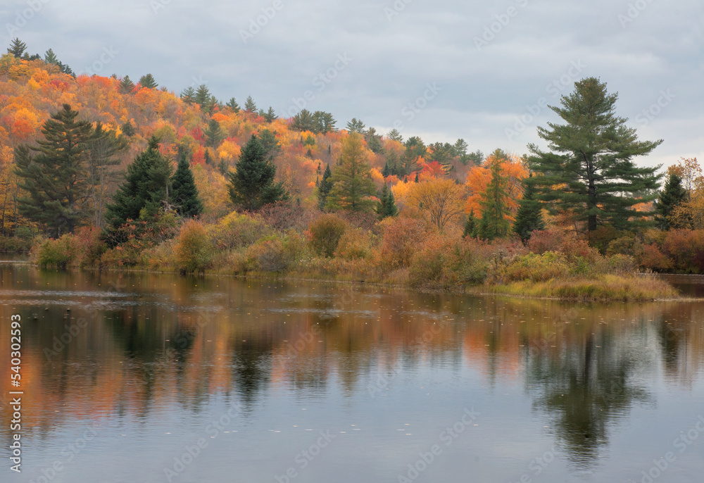 Tranquil autumn scene in White Mountain region of New Hampshire. Reflection of colorful fall foliage on calm surface of Coffin Pond reservoir. Tranquil autumn scene in White Mountain region of New Hampshire. Reflection of colorful fall foliage on calm surface of Coffin Pond reservoir.