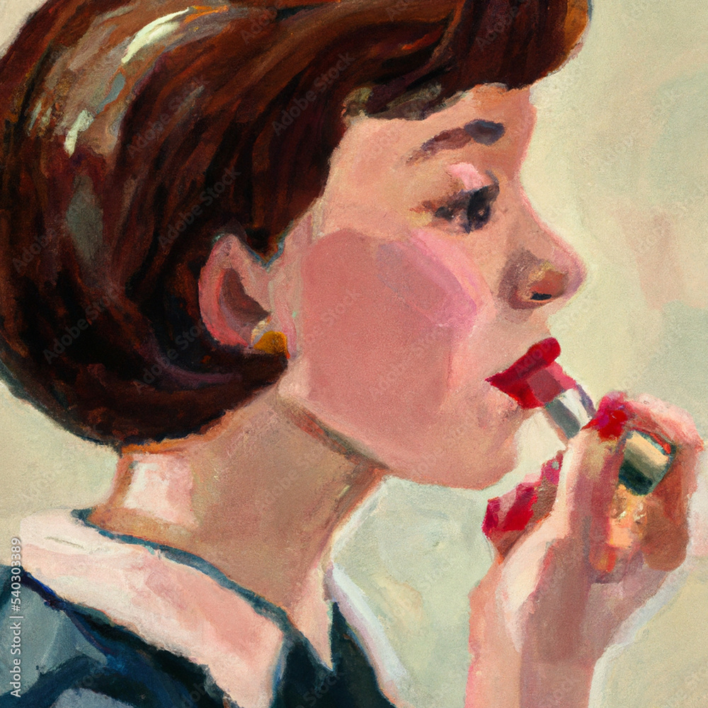 Fototapeta premium Portrait of woman applying red lipstick. 