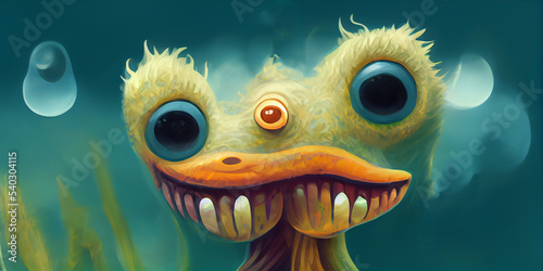 Cartoon monster character with smiling toothed muzzle. Alien characters. © Olha