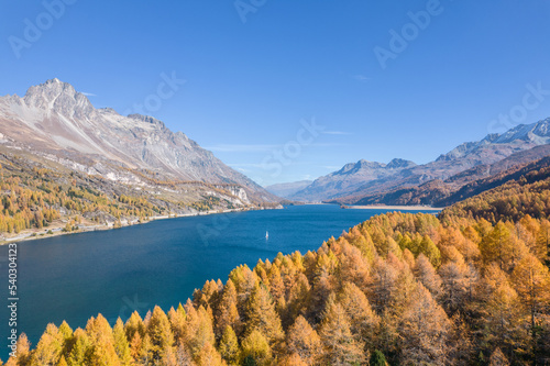 Engadine lakes in autumn. Aerial view.