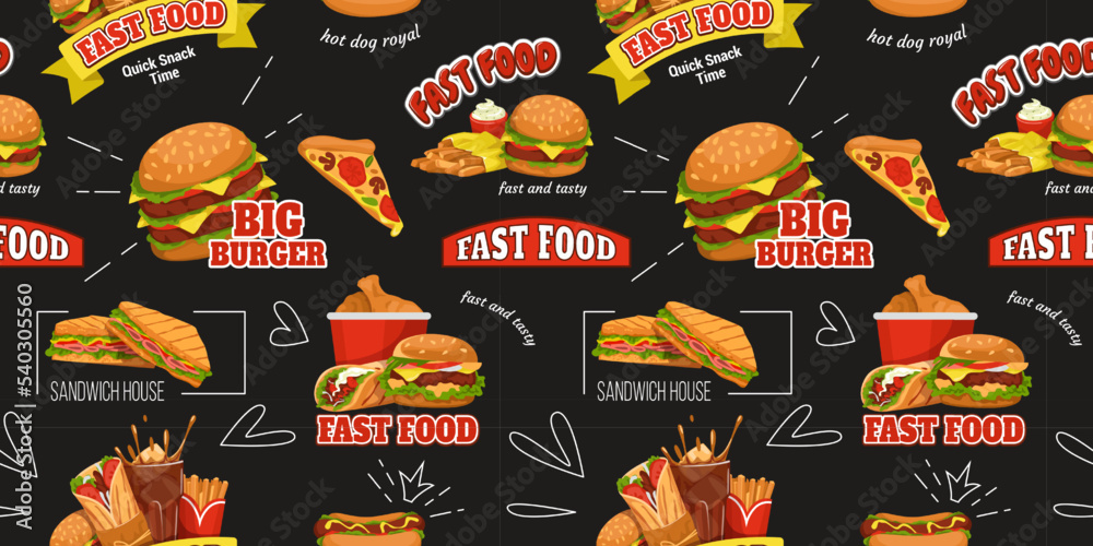 Fototapeta premium Fast food background, logo design, menu pattern. Festive italian street restaurant, pizza sketch, handmade sandwich. Decor wrapping paper and products package. Vector seamless collection