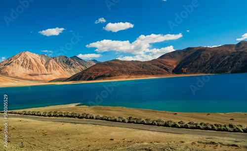 Pangong Lake world’s highest saltwater lake dyed in blue stand in stark contrast to the arid mountains surrounding