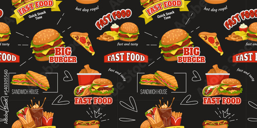 Fast food background, logo design, menu pattern. Festive italian street restaurant, pizza sketch, handmade sandwich. Decor wrapping paper and products package. Vector seamless collection