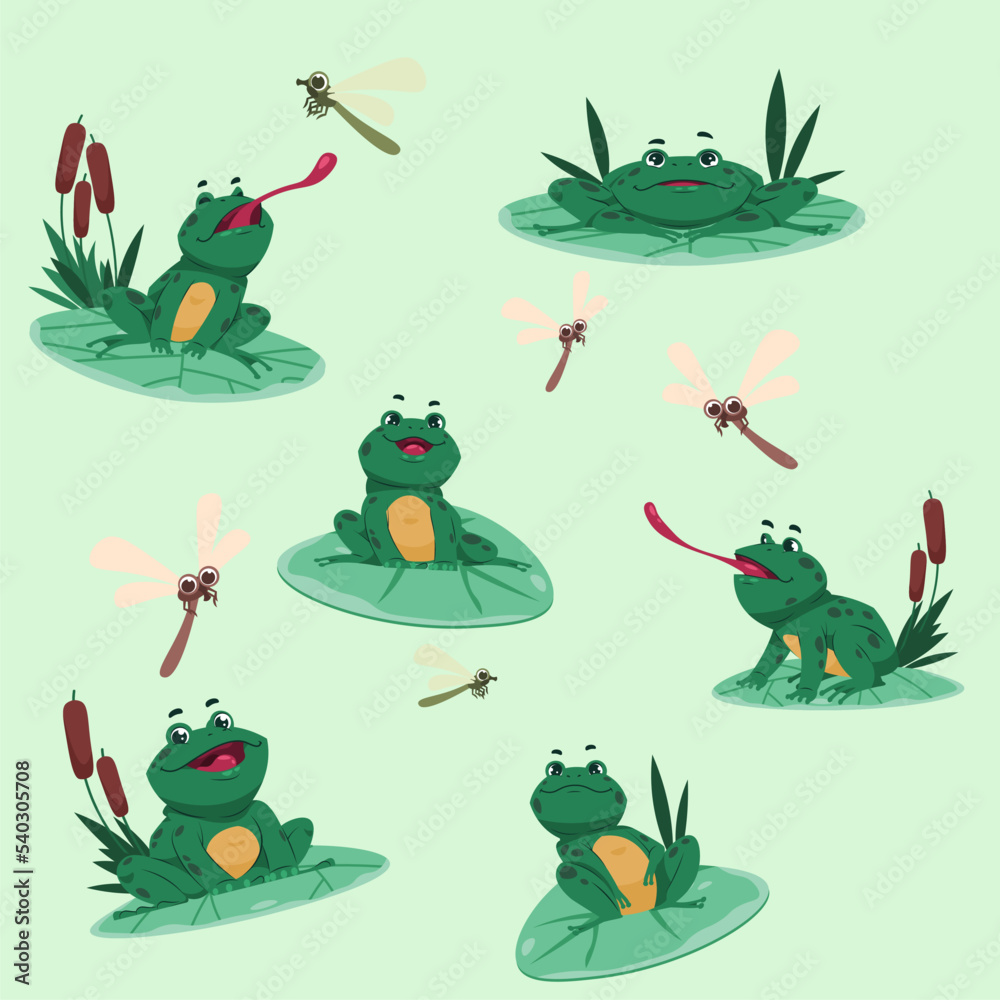 Naklejka premium Cartoon frog. Green toad in different poses, sitting on water lily, catching dragonfly, wild amphibian. Funny happy froglet collection, happy cute character. Vector isolated illustration