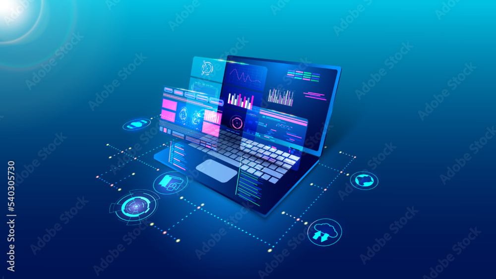 Software technology, digital program develop. Laptop api code, web application, computer monitor interface. Analysis and processing of information. Vector creative background