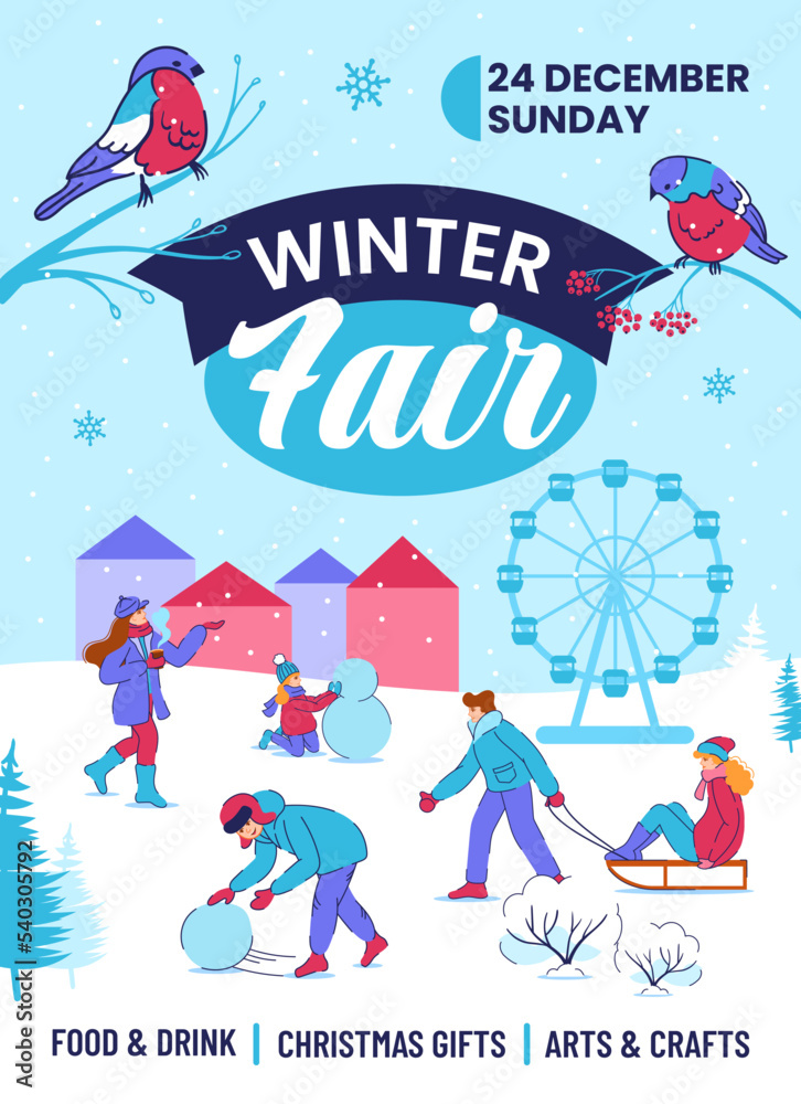 Winter event. Christmas fair invitation poster. People gift market with coffee and outdoor games. Vintage tree. New Year celebration. Kids making snowman and sledging. Vector background