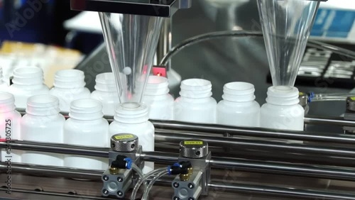 Pharmaceutical industry, transfer medicine bottles on the conveyor belt in the pharmaceutical industry, machine conveyor line at the medical factory production line.	
