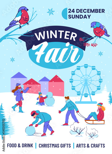 Winter event. Christmas fair invitation poster. People gift market with coffee and outdoor games. Vintage tree. New Year celebration. Kids making snowman and sledging. Vector background