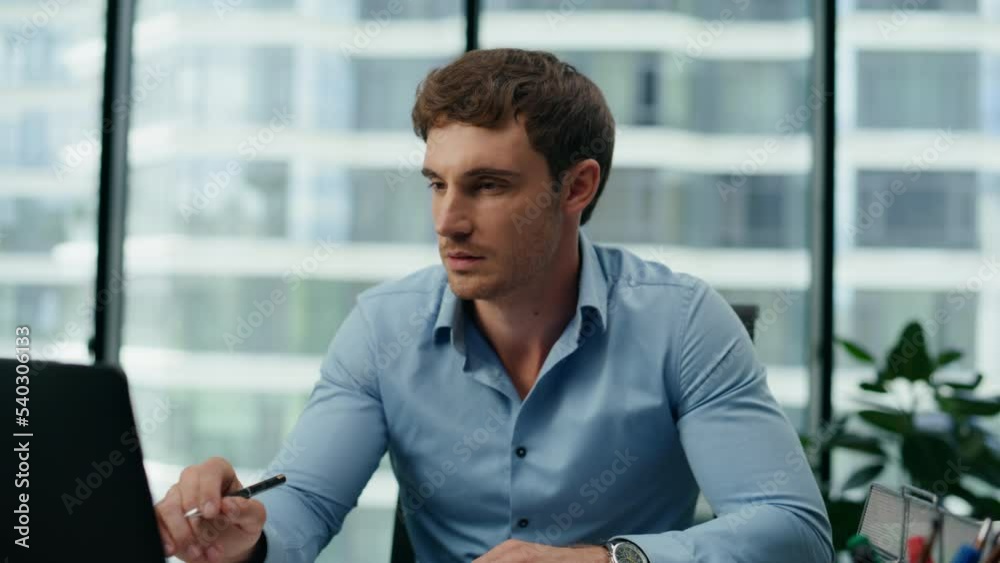 Portrait responsible office manager working in company skyscraper sitting office Portrait responsible office manager working in company skyscraper sitting office
