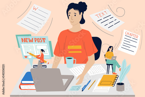 Copywriters. Woman working at computer. Editor job. Freelance occupation. Female character editing web post and text publications. Journalists workplace. Content creator. Vector concept