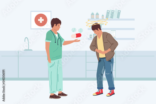 Patient examination. Visit to doctor. Physician checking health of sick character. Medical worker prescribing medicine for ill man treatment. Professional consultation. Vector illustration