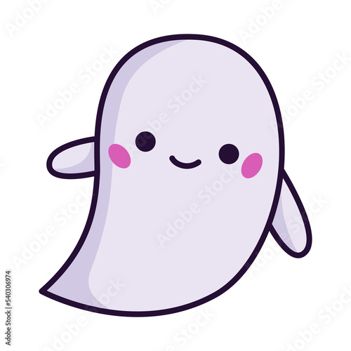 Kawaii cute ghost on white background. Hand drawn cartoon character. Halloween theme. Vector illustration.