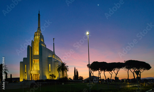 The baroque revival styled Rome Italy Temple mormon church in Rome at dusk