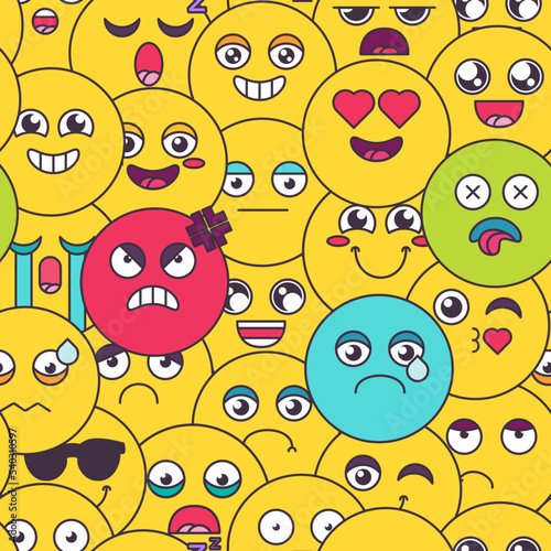 Comic cute emoji emotion seamless pattern vector