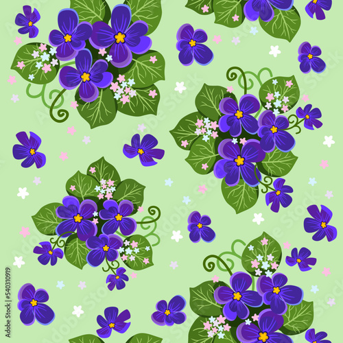 Vector seamless pattern of delicate bouquets of violets. Floral composition for greeting cards, card design.