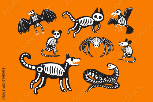 Animal skeleton halloween celebration set vector