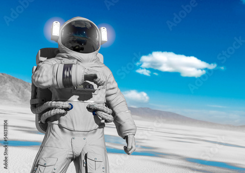 astronaut is checking the air in the desert of another planet after rain with copy space