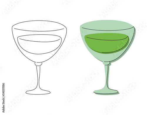 Vermouth glass on white background. Cartoon sketch graphic design. Flat style. Colored hand drawn image. Party drink concept for restaurant, cafe, party. Freehand drawing style