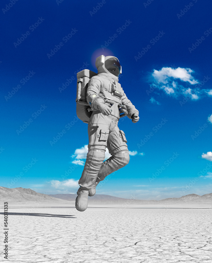 astronaut is walking in the desert of another planet after rain bottom view astronaut is walking in the desert of another planet after rain bottom view