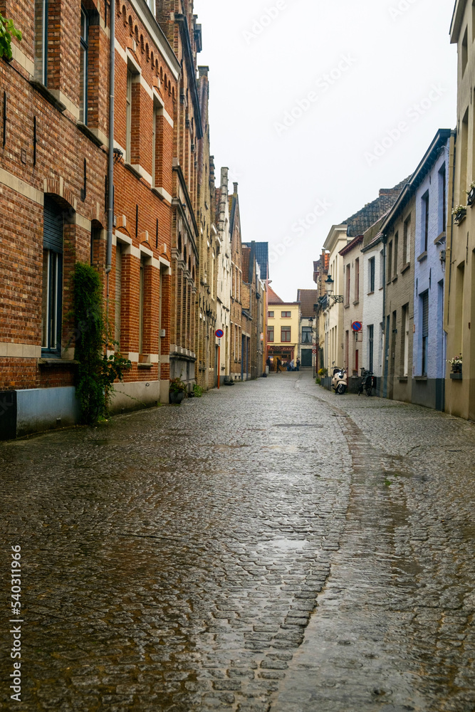 Obraz premium Ancient street with cobblestones under the rain in Bruges, Belgium.