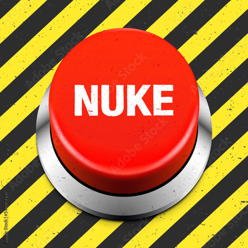 NUKE red button on a grunge industrial background. Nuclear bomb launching button, vector illustration.