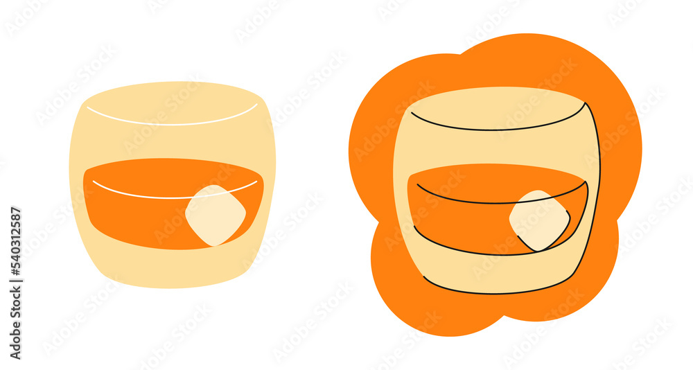 Whiskey glass on white background. Cartoon sketch graphic design. Flat style. Conditional colored hand drawn image. Party drink concept for restaurant, cafe. Freehand. Two kinds of illustration Whiskey glass on white background. Cartoon sketch graphic design. Flat style. Conditional colored hand drawn image. Party drink concept for restaurant, cafe. Freehand. Two kinds of illustration