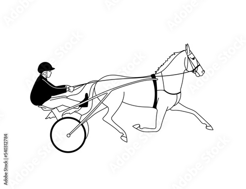 Black and white outline illustration of jockey and trotter, move forward at a wide trot photo