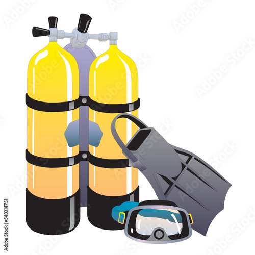 Vector realistic diver equipment set, snorkeling mask with snorkel, orange aqualung and flippers isolated on white background. Clipart with black goggles, rubber swim fins, sport gear for scuba diving