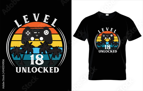 LEVEL 18 UNLOCKED TYPOGRAPHY GAMING T-SHIRT DESIGN.