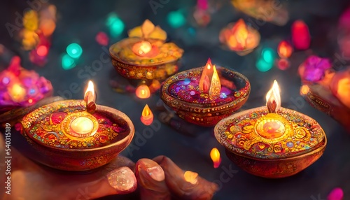 Happy Diwali - Clay Diya lamps lit during Dipavali  Hindu festival of lights celebration. Colorful traditional oil lamp diya on purple background
