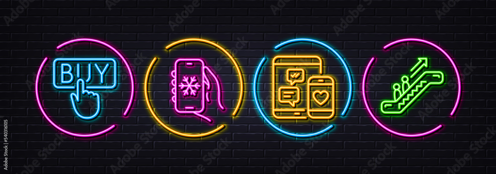 Buying, Air conditioning and Social media minimal line icons. Neon laser 3d lights. Escalator icons. For web, application, printing. E-commerce shopping, Smartphone weather, Mobile devices. Vector
