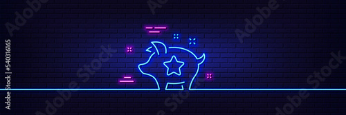 Neon light glow effect. Loyalty points line icon. Bonus piggy. Discount program symbol. 3d line neon glow icon. Brick wall banner. Loyalty points outline. Vector