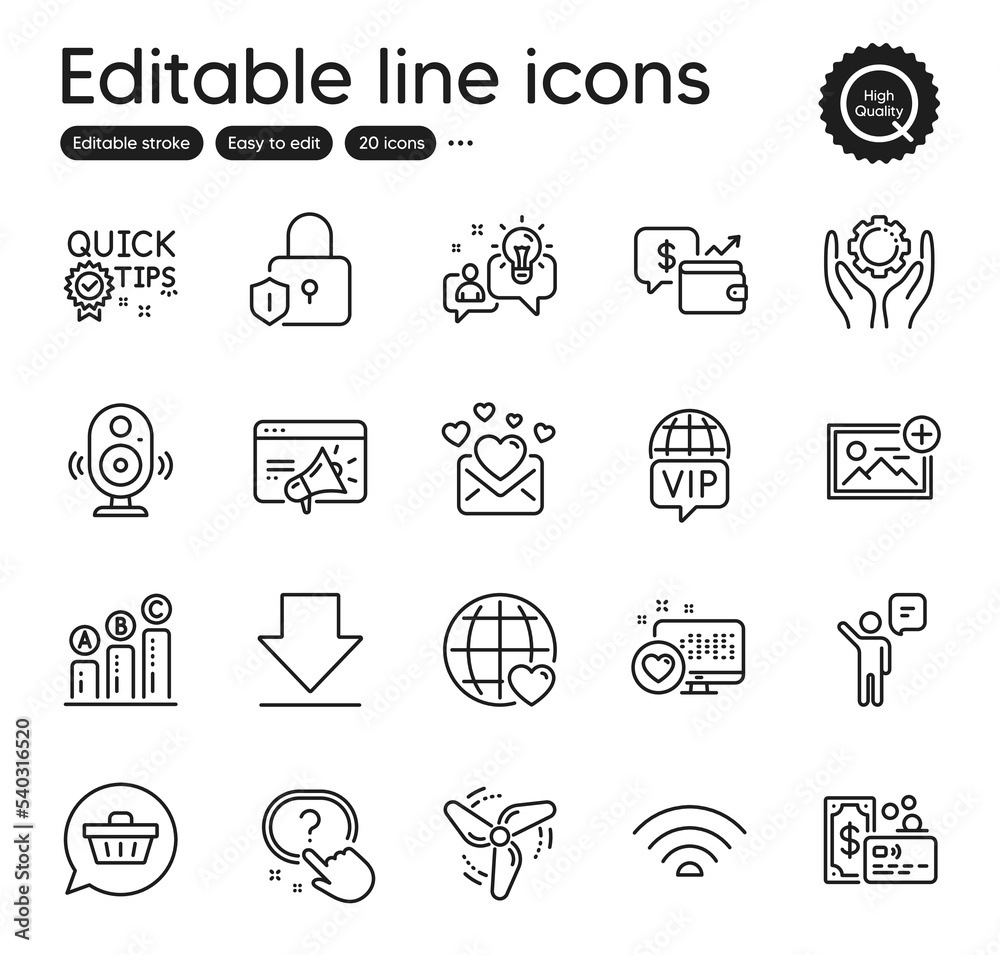 Set of Technology outline icons. Contains icons as Agent, Add photo and Quick tips elements. International love, Speaker, Idea web signs. Downloading, Lock, Card elements. Employee hand. Vector Set of Technology outline icons. Contains icons as Agent, Add photo and Quick tips elements. International love, Speaker, Idea web signs. Downloading, Lock, Card elements. Employee hand. Vector