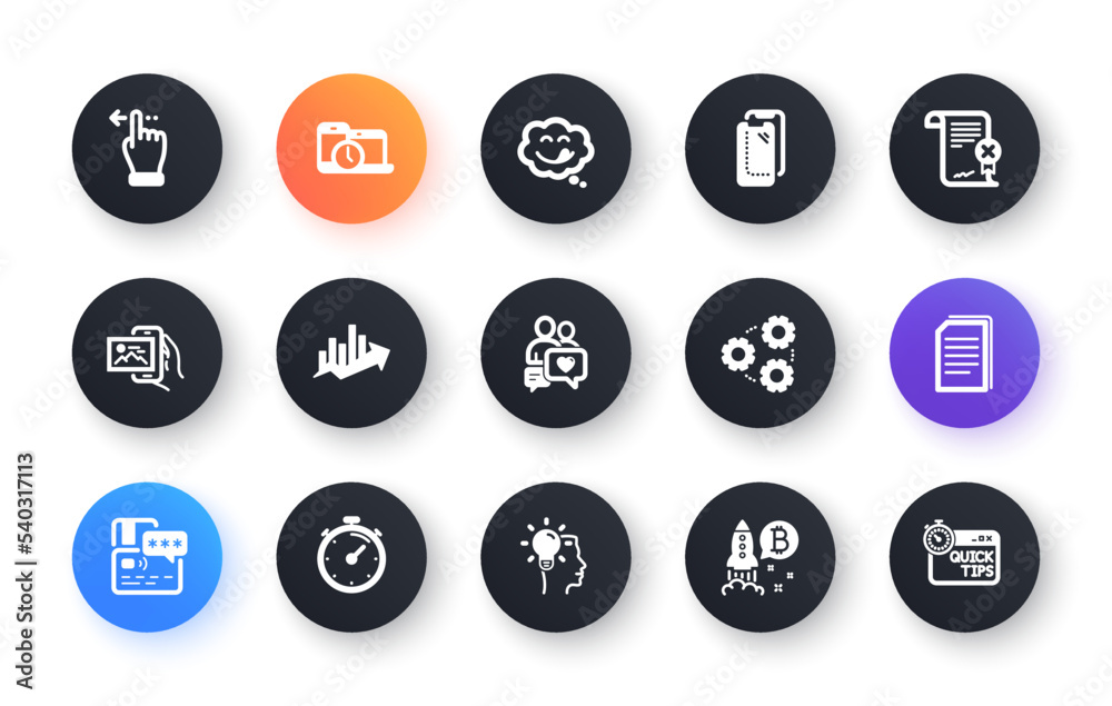Minimal set of Image album, Card and Growth chart flat icons for web development. Idea, Gears, Reject certificate icons. Bitcoin project, Time management, Dating chat web elements. Vector Minimal set of Image album, Card and Growth chart flat icons for web development. Idea, Gears, Reject certificate icons. Bitcoin project, Time management, Dating chat web elements. Vector