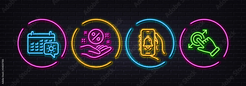 Bell alert, Travel calendar and Loan percent minimal line icons. Neon laser 3d lights. Touchscreen gesture icons. For web, application, printing. Alarm clock, Trip planning, Discount hand. Vector Bell alert, Travel calendar and Loan percent minimal line icons. Neon laser 3d lights. Touchscreen gesture icons. For web, application, printing. Alarm clock, Trip planning, Discount hand. Vector