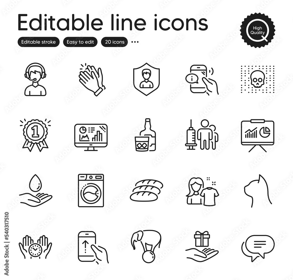 Set of Business outline icons. Contains icons as Whiskey glass, Bread and Swipe up elements. Text message, Medical vaccination, Presentation web signs. Pets care, Elephant on ball. Vector Set of Business outline icons. Contains icons as Whiskey glass, Bread and Swipe up elements. Text message, Medical vaccination, Presentation web signs. Pets care, Elephant on ball. Vector
