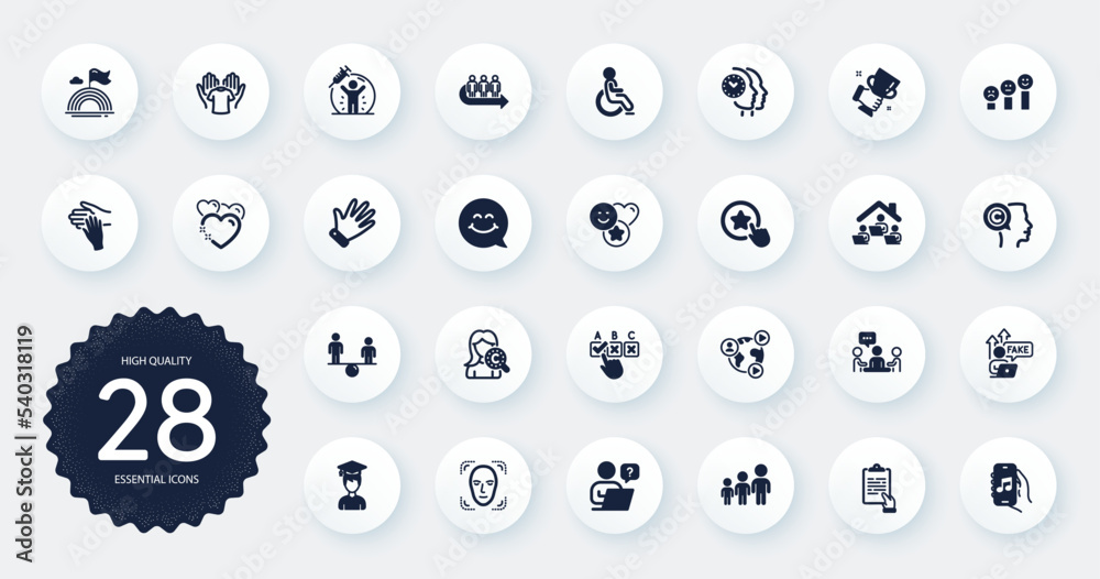 Set of People icons, such as Heart, Customer satisfaction and Vaccine protection flat icons. Loyalty star, Online question, Video conference web elements. Time management, Fake internet. Vector