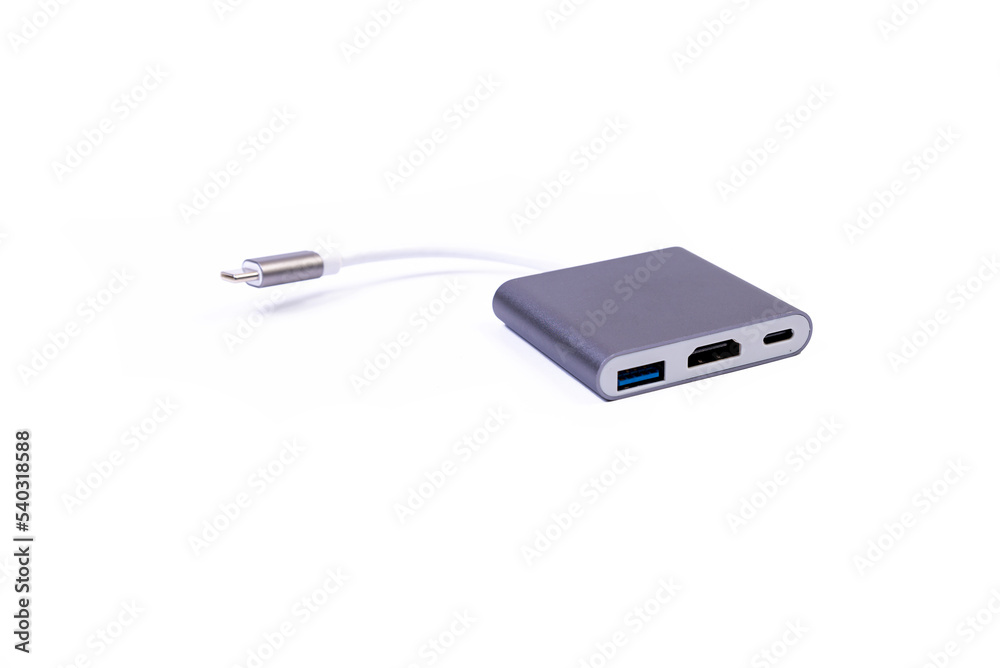 various converter cables adapters for computers and smartphones HDMI VGA USB DVI DP isolated on white various converter cables adapters for computers and smartphones HDMI VGA USB DVI DP isolated on white