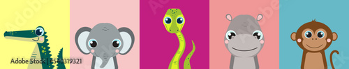 Wallpaper Mural Cute animals with big eyes.  Alligator. Elephant. Anaconda. Hippopotamus. Monkey. Vector illustration Torontodigital.ca