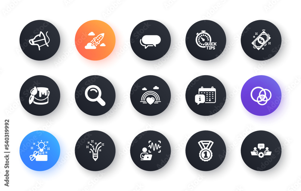 Minimal set of Best rank, Startup rocket and Brush flat icons for web development. Search, Creative idea, Dog leash icons. Messenger, Euler diagram, Calendar web elements. Payment. Vector Minimal set of Best rank, Startup rocket and Brush flat icons for web development. Search, Creative idea, Dog leash icons. Messenger, Euler diagram, Calendar web elements. Payment. Vector