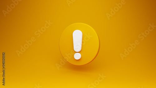 Yellow exclamation mark symbol and attention or caution sign icon on alert danger problem background. 3D rendering