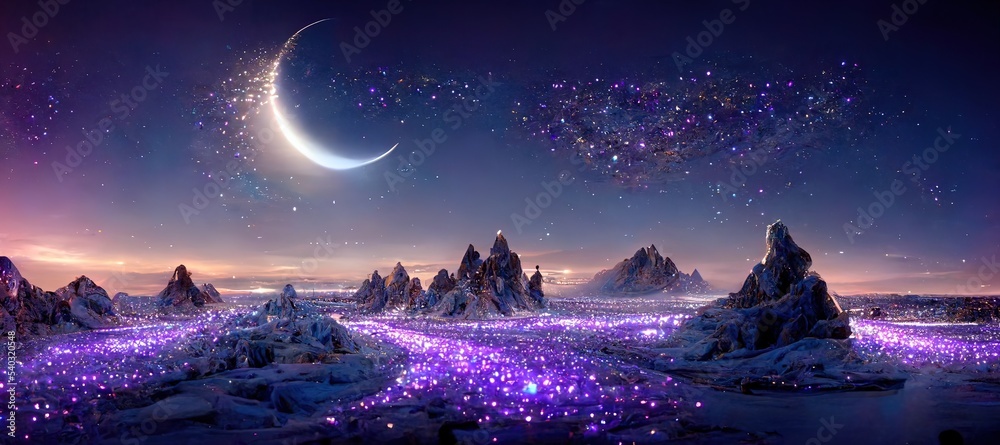 Naklejka premium Fantasy landscape with sandy glaciers and purple crystal. Concept art. fantasy
