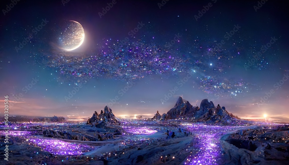 Fantasy landscape with sandy glaciers and purple crystal. Concept art. fantasy - obrazy, fototapety, plakaty 